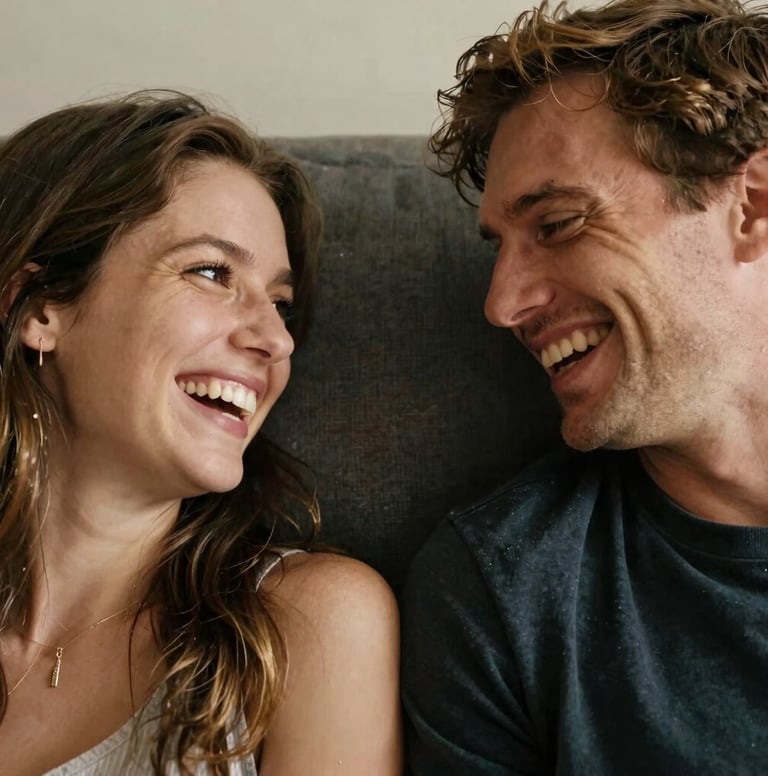 A close-up candid photo of a couple laughing together on a soft charcoal-colored sofa. The lighting is golden and warm, capturing the fine details of their expressions and the empathetic mood of the moment.