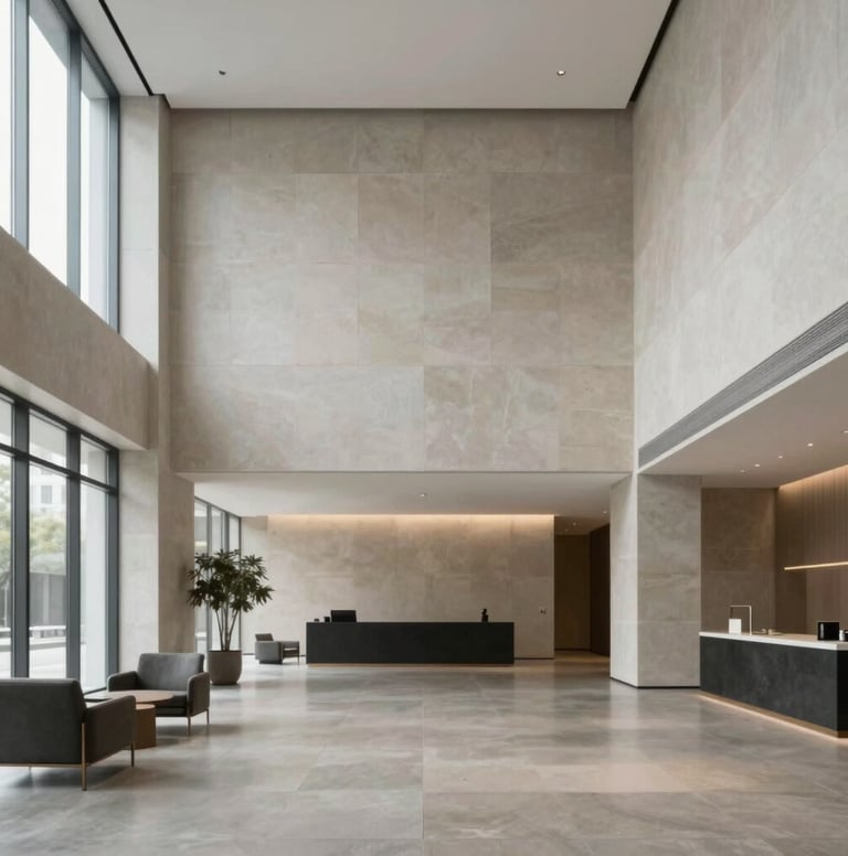 An interior shot of the Lumina Tower lobby. High ceilings, minimalist #D9D2C7 stone walls, and polished concrete floors. Soft, diffused lighting creates a sense of modern elegance. #2F2E2E accents in the minimalist furniture and window frames.