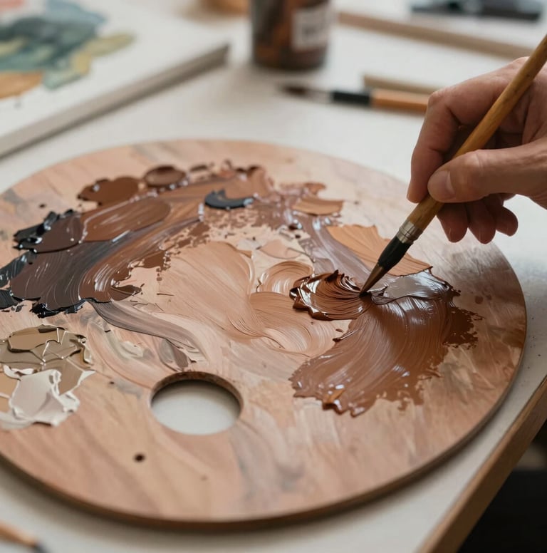 A close-up shot of an artist's palette and canvas in a well-lit North American studio, with rich strokes of dark brown and soft tan paint being applied with precision.