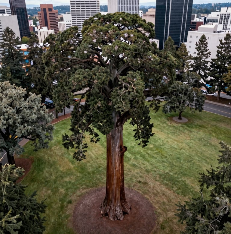 A high-altitude wide shot of a majestic Giant Sequoia towering over a city park in Eugene, Oregon. The dark slate bark and deep green canopy dominate the composition. Soft sage green grass and smaller oak trees frame the giant. Professional drone photography.