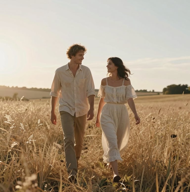 A medium shot of a couple walking through a sun-drenched meadow in the European / French countryside. The sun is low, creating a warm flare and a cinematic glow. The colors are dominated by soft sand and warm beige. Authentic emotion and movement.