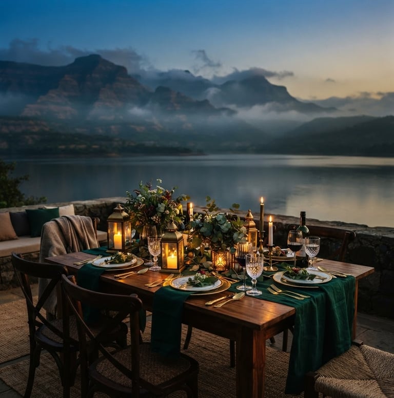 A beautifully set dining table overlooking Pawana Lake at twilight, with warm glow from lanterns, misty mountains in the background, cinematic editorial photography, deep emerald and gold tones, 35mm lens.
