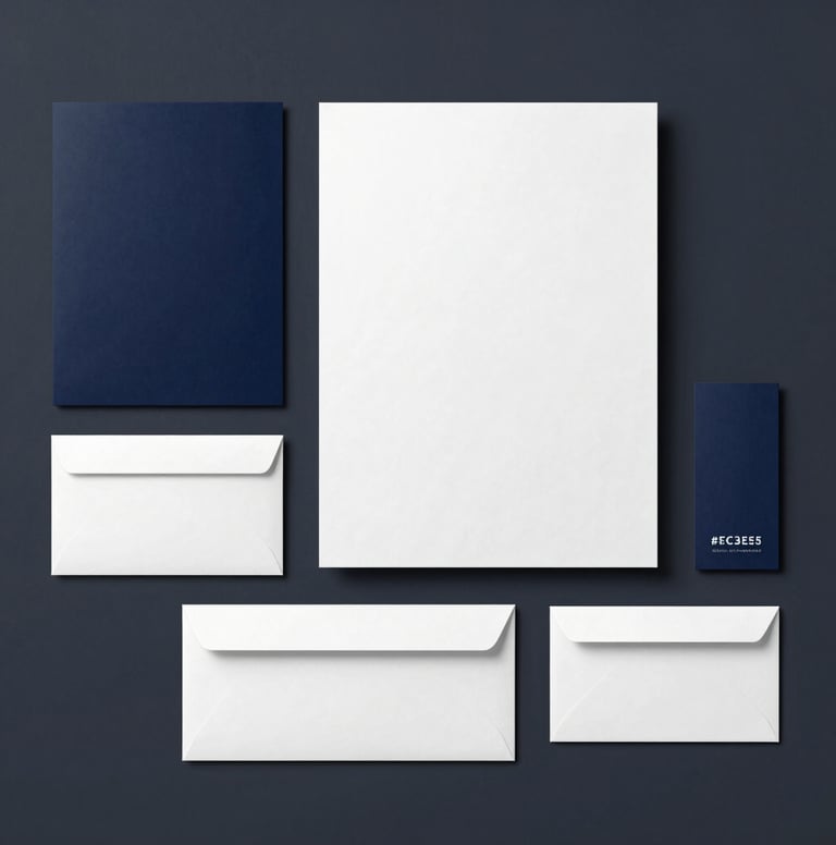 A top-down view of a full corporate stationery set including letterheads, envelopes, and folders. The design uses #0A1118 navy accents on #ECF0F1 off-white paper. Sleek, uncluttered arrangement on a dark slate #2C3E50 surface. Minimalist and professional studio lighting.