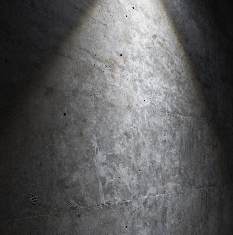An artistic close-up of a textured concrete wall. The surface is a mix of muted slate and deep charcoal tones, with a single beam of pale ice white light grazing the surface to reveal the intricate, porous texture of the stone.