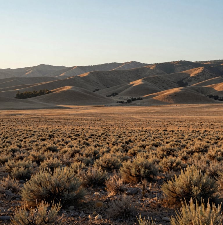An expansive landscape photograph of a rural parcel in Northeast Nevada at sunrise. Soft light illuminates the sagebrush and rolling hills. The composition uses the rule of thirds to emphasize the strategic potential of the vast, open land.