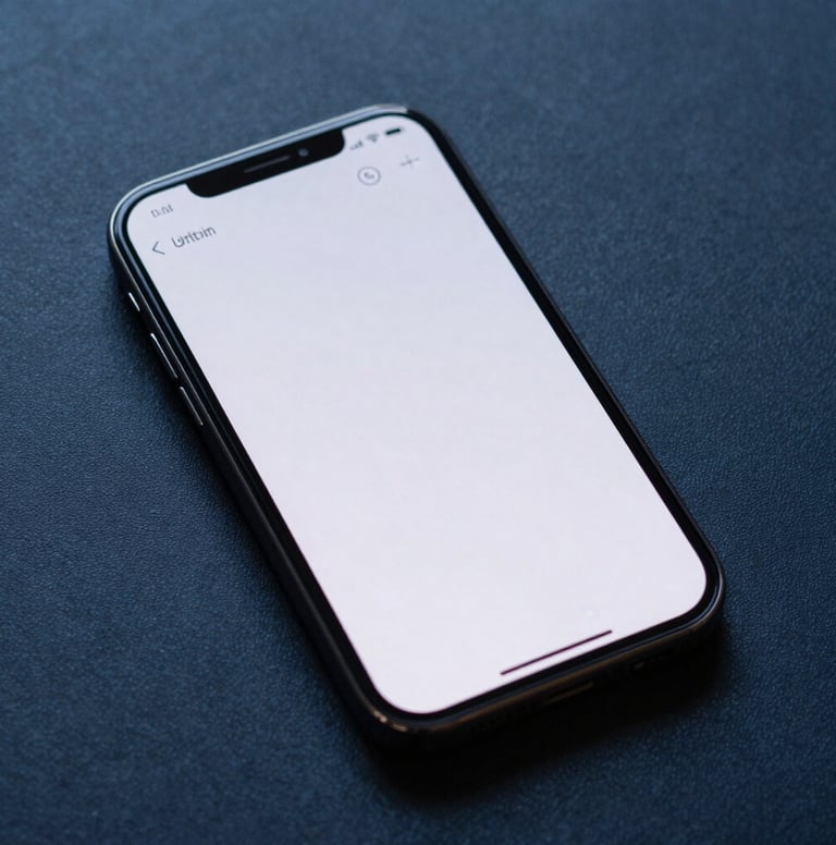 Close-up photography of a high-end smartphone displaying a minimalist user interface with clean typography, resting on a textured midnight blue surface under sophisticated studio lighting.