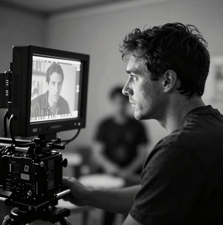 Behind-the-scenes black and white photography with deep #1A1C20 shadows. Frank Artus is seen looking at a camera monitor on a film set. The atmosphere is professional and focused, with soft cinematic lighting.