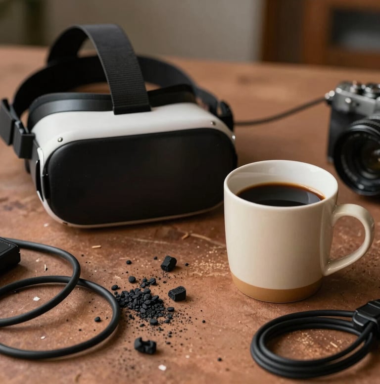 A close-up photograph of a messy creative desk, featuring a VR headset sitting next to a warm cream coffee mug and some scattered charcoal camera cables on a dusty clay surface.