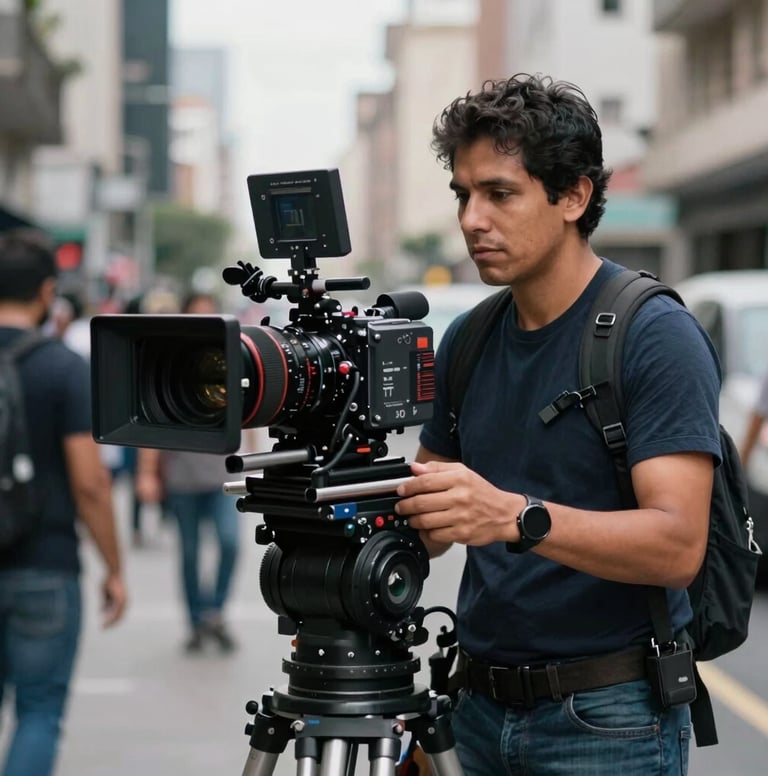 A professional Latin American / Hispanic filmmaker behind a high-tech camera rig on a busy urban street, shallow depth of field, with soft blue grey and off-white highlights in the urban background.