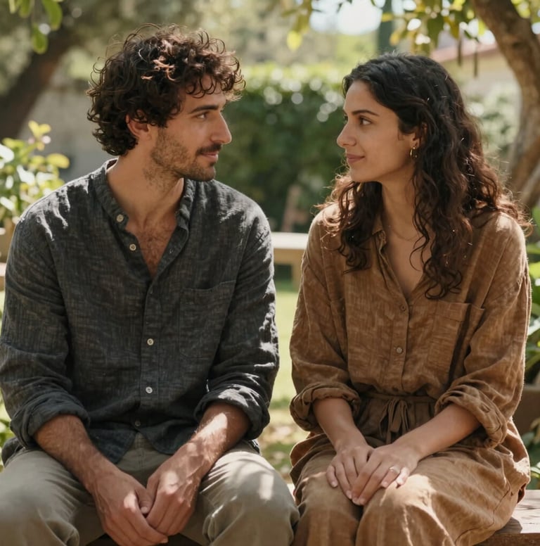 Cinematic lifestyle portrait of a couple sharing a quiet, authentic moment in a sunlit garden in Portugal. Warm, natural lighting highlights the textures of their charcoal and earthy-brown linen clothes. The mood is intimate and welcoming.