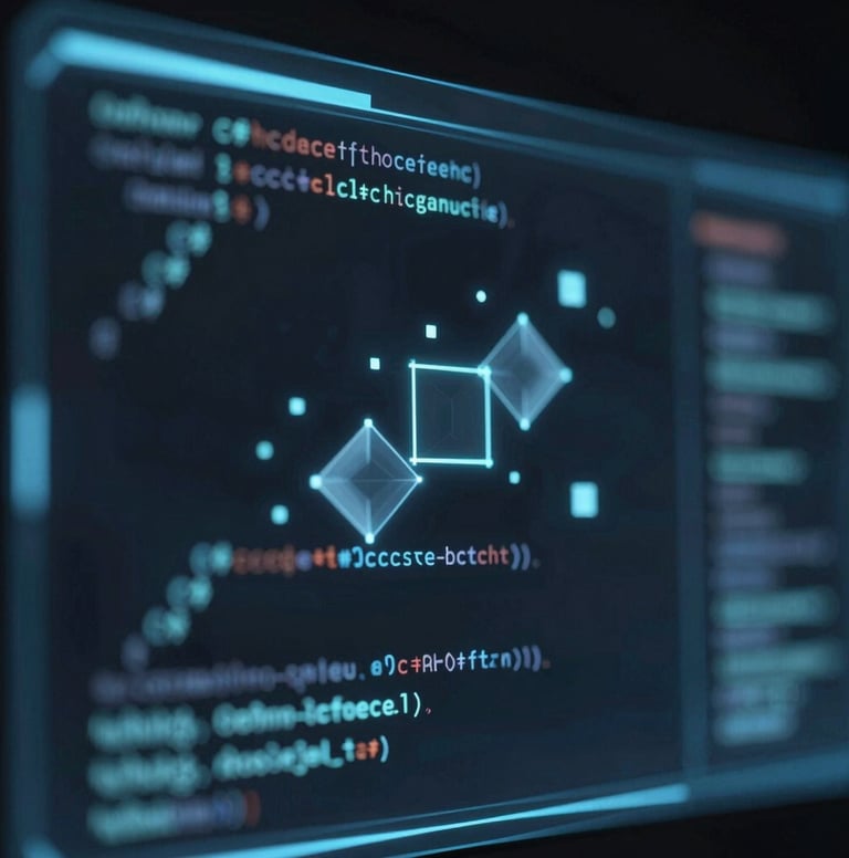 Close-up of a high-tech holographic interface featuring floating geometric data points and scrolling C# code snippets. Lighting is moody with #3F516B and #A7BCCB glow against dark #1A202C background.