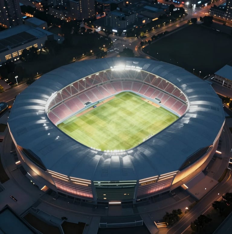 Direct overhead drone shot of a futuristic sports stadium at night. Brilliant stadium lights creating dynamic patterns, deep #1B263B shadows, and vibrant #A0B0C0 metallic surfaces. Precision geometric composition.