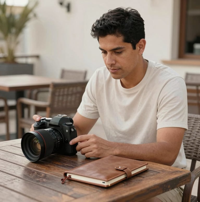 Lifestyle photography of a Latinoamericano / Hispano influencer sitting at an outdoor terrace. Focus is on a professional camera and a sleek leather notebook on a dark wood table. Natural afternoon light, soft taupe and off-white tones in the background.