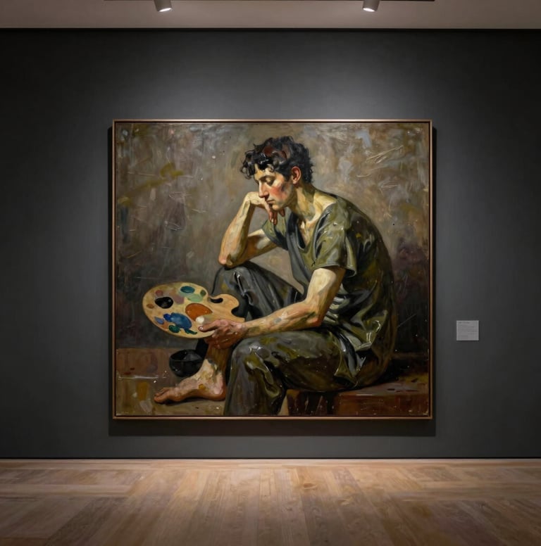 A wide-shot photograph of a large-scale figurative oil painting hanging on a dark charcoal gallery wall. The painting depicts a seated figure in a contemplative pose, using a palette of muted olive, dark charcoal, and warm taupe. The lighting is professional gallery-style, with a soft spotlight on the canvas.