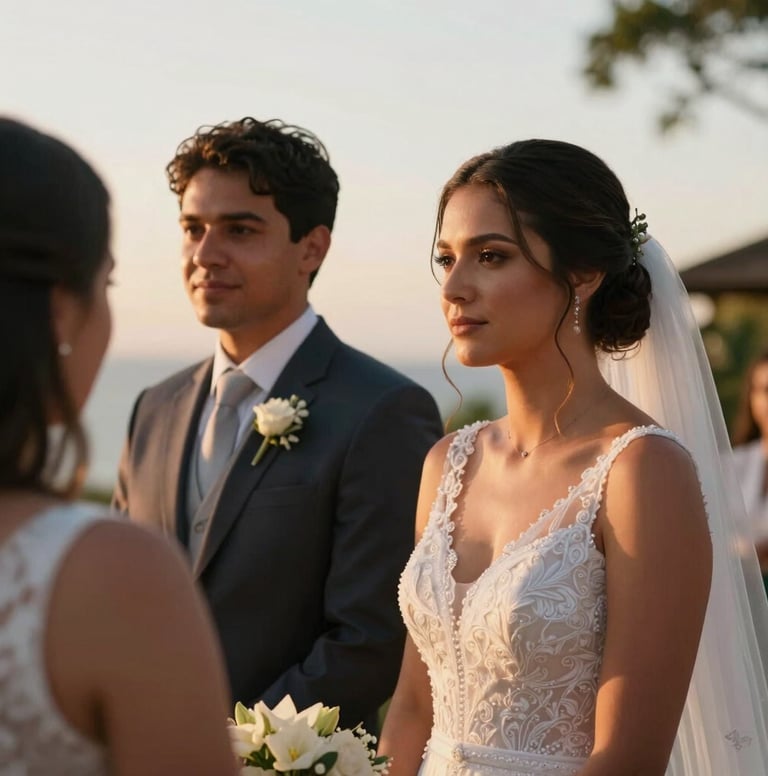 Emotional photography of a couple during a wedding ceremony in a South American / Brazilian setting. Warm sunset lighting, soft focus on the background, sharp details of the expression, conveying a modern cinematic look.