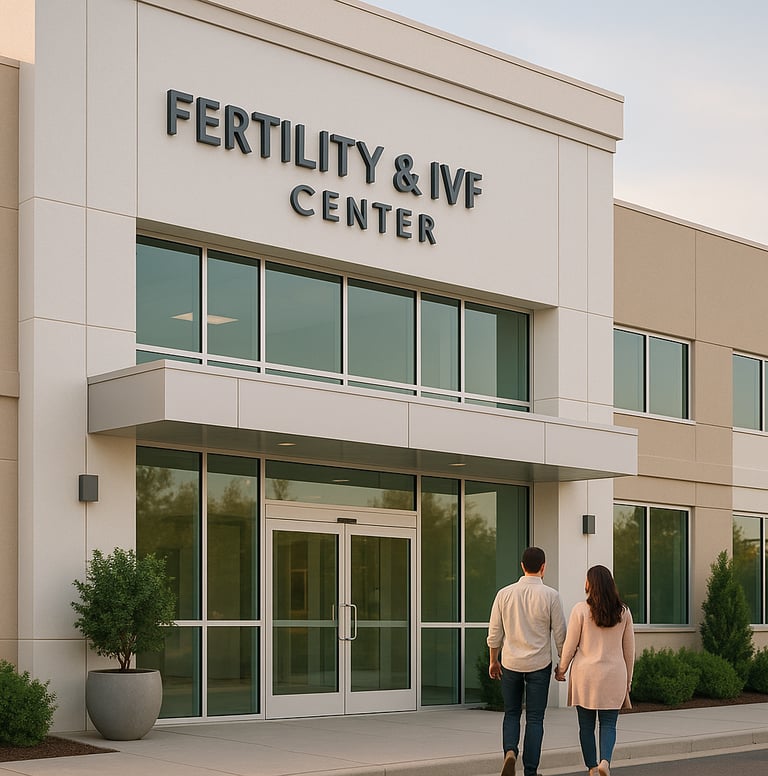 “Modern fertility clinic exterior with large glass windows, clean architecture, soft pastel facade, 