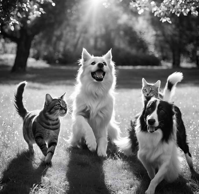 Dog's and cat's playing together in a park