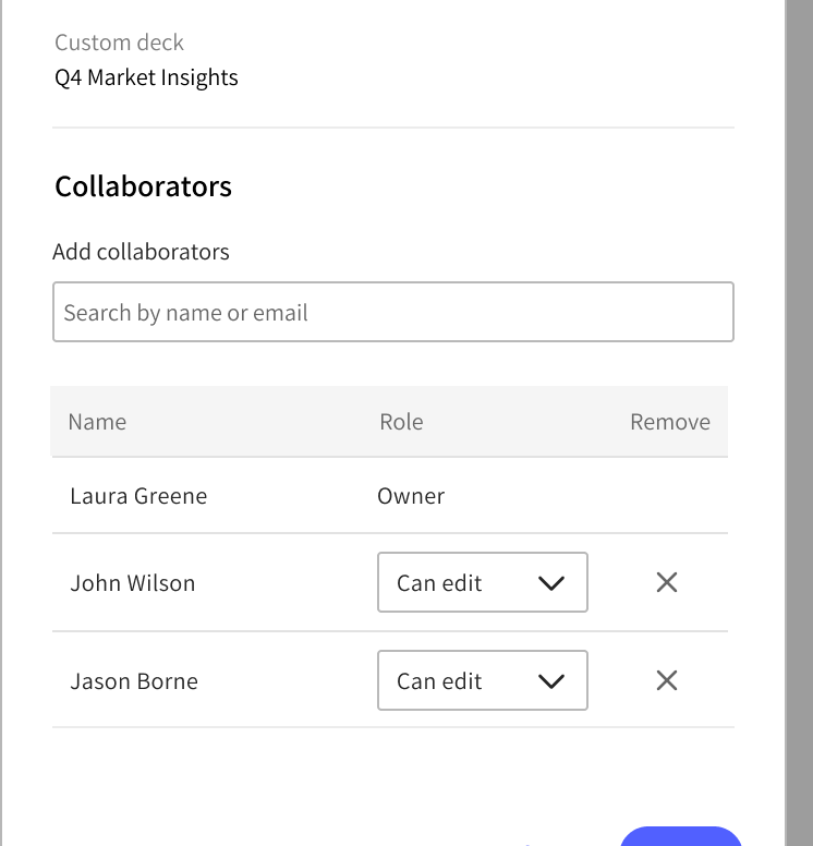 UI for manage collaborators displaying ability to search and assign roles or remove