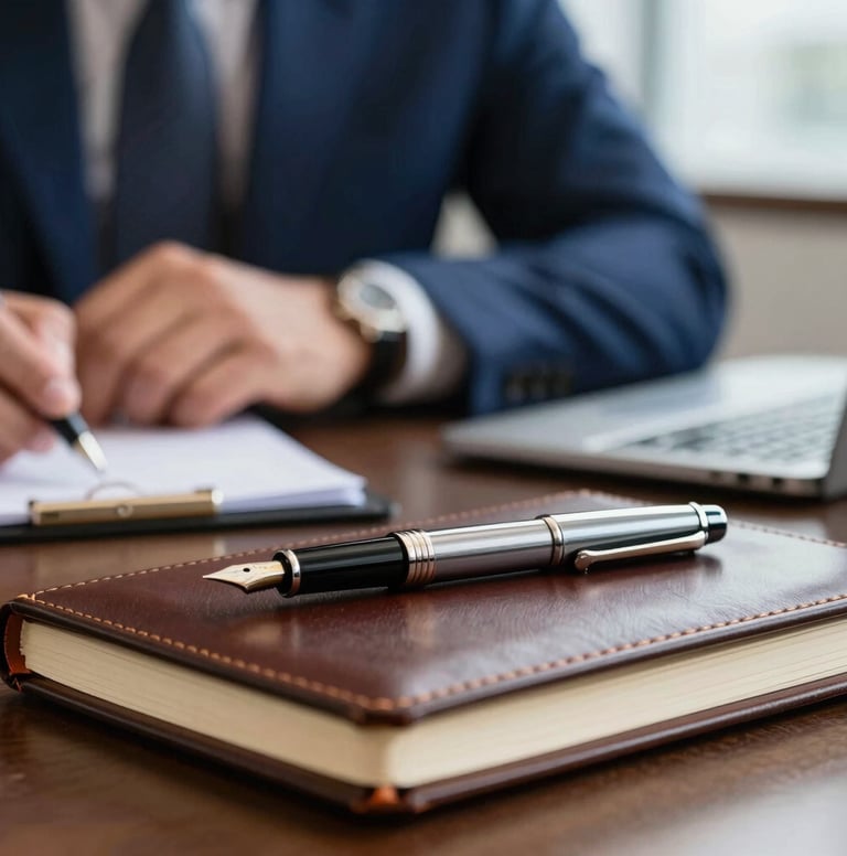 Close-up of a professional workshop setting in a South American / Brazilian corporate office. A high-end fountain pen rests on a refined leather notebook. In the background, out of focus, a professional in a slate blue blazer is seen working. The lighting is soft and elegant, featuring tones of dark navy blue.