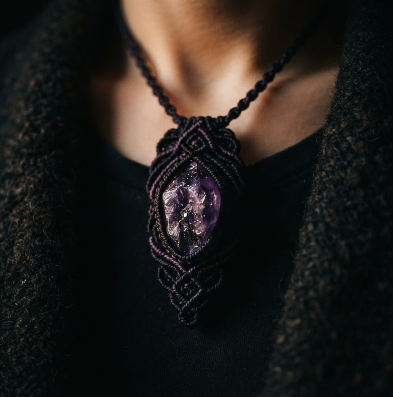 Close-up of a dark macrame talisman with a raw amethyst stone, worn on a person's chest against a dark, textured fabric, moody chiaroscuro lighting, deep purple and black tones, macro lens, high-contrast shadows, shallow depth of field.