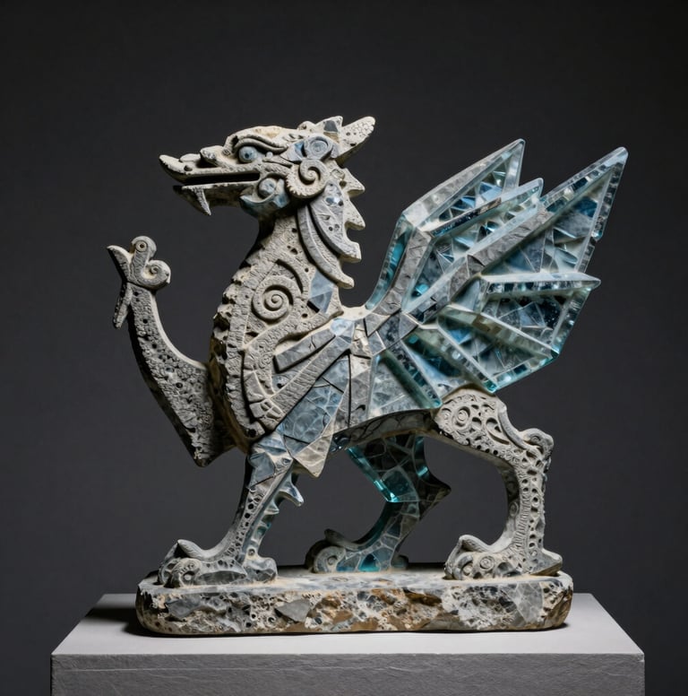 A close-up, dramatic photograph of a sculpture made from textured stone and Slate Blue glass, blending historic Celtic shapes with sharp modern geometry. The piece is set against a Deep Charcoal background, lit by a single spotlight that emphasizes the dynamic, experimental surfaces found in a Northern European / Welsh / British gallery.