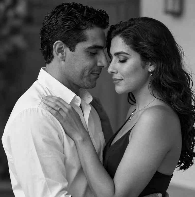 An intimate black and white portrait of a Hispanic / Spanish-speaking couple embracing, with high contrast and soft lighting that highlights the elegance of their attire. The composition is cinematic and romantic.