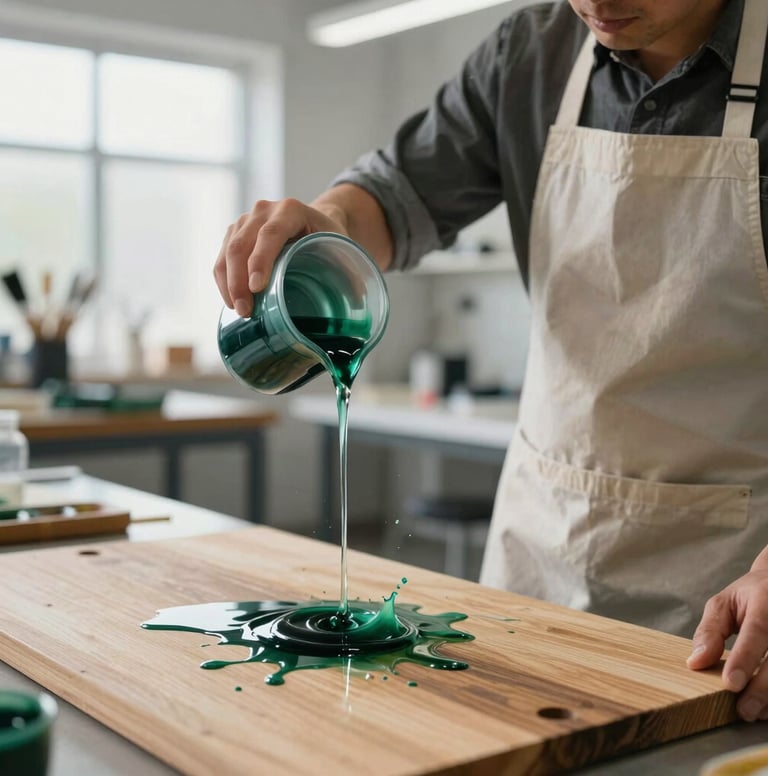 A professional artist in a modern International / Global studio environment, wearing a protective apron. They are carefully pouring a stream of clear resin onto a wooden board, with splashes of deep forest green ink visible in the background. The lighting is bright and natural.