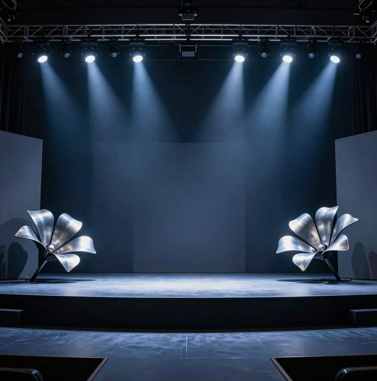 A wide-angle photography shot of a sleek, minimalist stage design in North American / US. The scene is illuminated by deep navy and dusty blue spotlights, featuring architectural metallic elements that resemble frozen flowers. The composition is clean and symmetric.