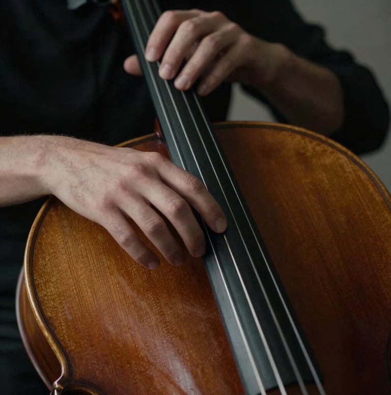 Introspective close-up photograph of a person's hands playing a dark wooden cello. The lighting is moody and focused with high contrast, highlighting the texture of the wood and the movement of the fingers. International / Western style, dark brown and charcoal tones.
