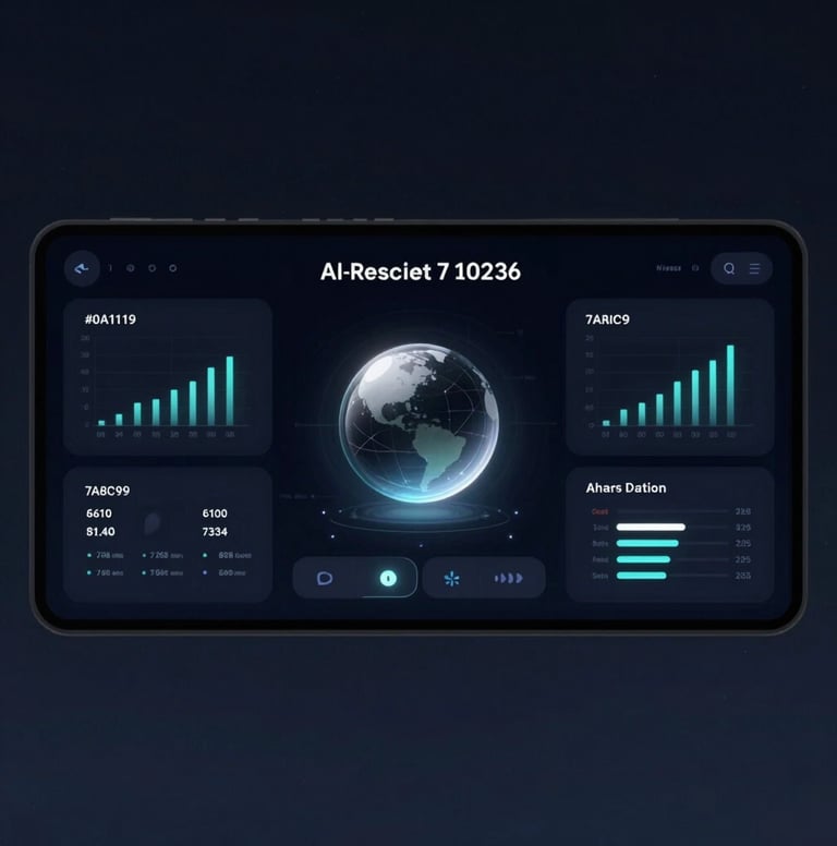 A wide, cinematic shot of a futuristic mobile dashboard for a banking app. The UI features dark #0A1118 backgrounds with glowing #7A8C9E data charts and high-end typography. The design is minimalist, bold, and features a central AI-assistant holographic orb. Highly professional 2026 aesthetics.