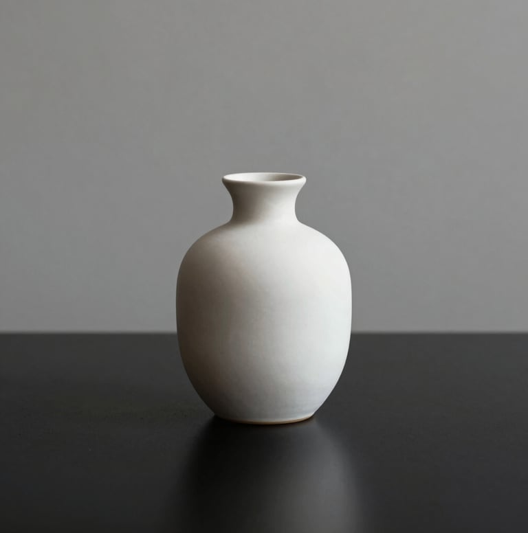An artistic, minimalist still life of a single off-white (#F8F8F8) ceramic vase on a black surface (#000000). The composition is clean and centered, with soft lighting from the side creating a gentle gradient. Reflects a modern and refined brand identity.