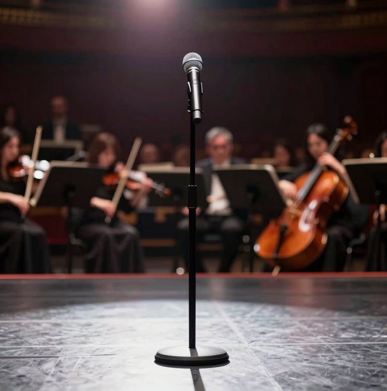 A dramatic, low-light shot of a single microphone on a grand stage, with a soft blur of an orchestra in the background. The mood is expectant and elegant, using #6B242D for a touch of warmth in the lens flare and #262626 for the stage floor.