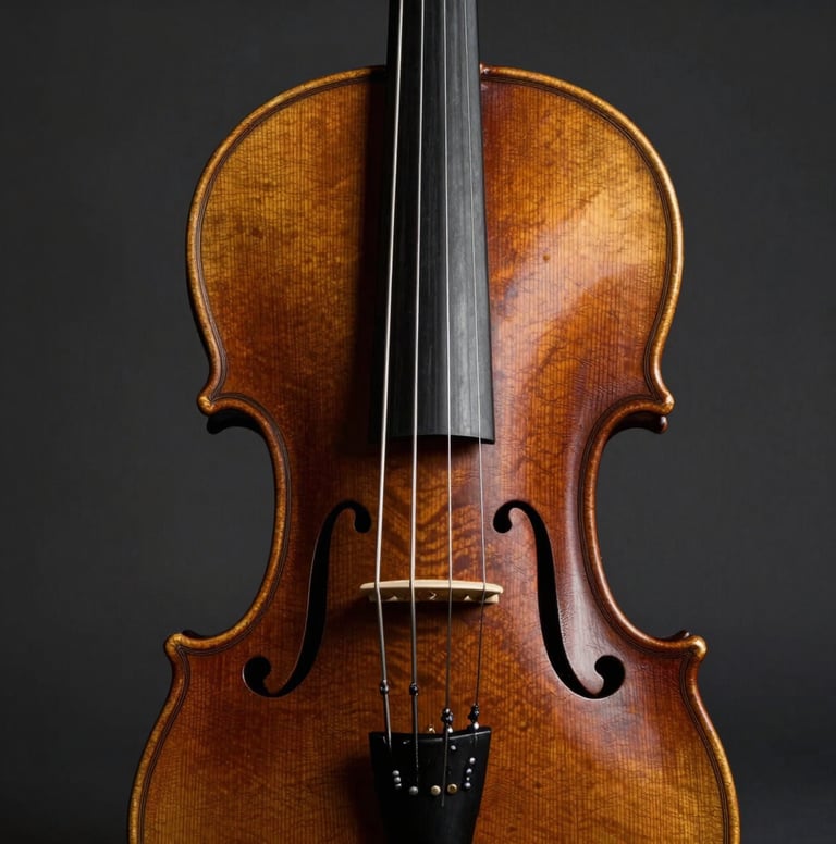 Close-up photography of a professional violin's wooden texture and strings, focused on the scroll. Dark and moody lighting with deep charcoal shadows and muted earthy brown highlights. Professional studio setup in a Southern European / Spanish cultural setting.