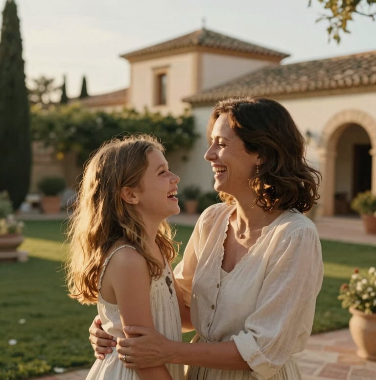 Authentic family moment in a Mediterranean villa garden, Iberian architecture in the background. A mother and daughter sharing a genuine laugh, warm golden hour light, cinematic storytelling photography.