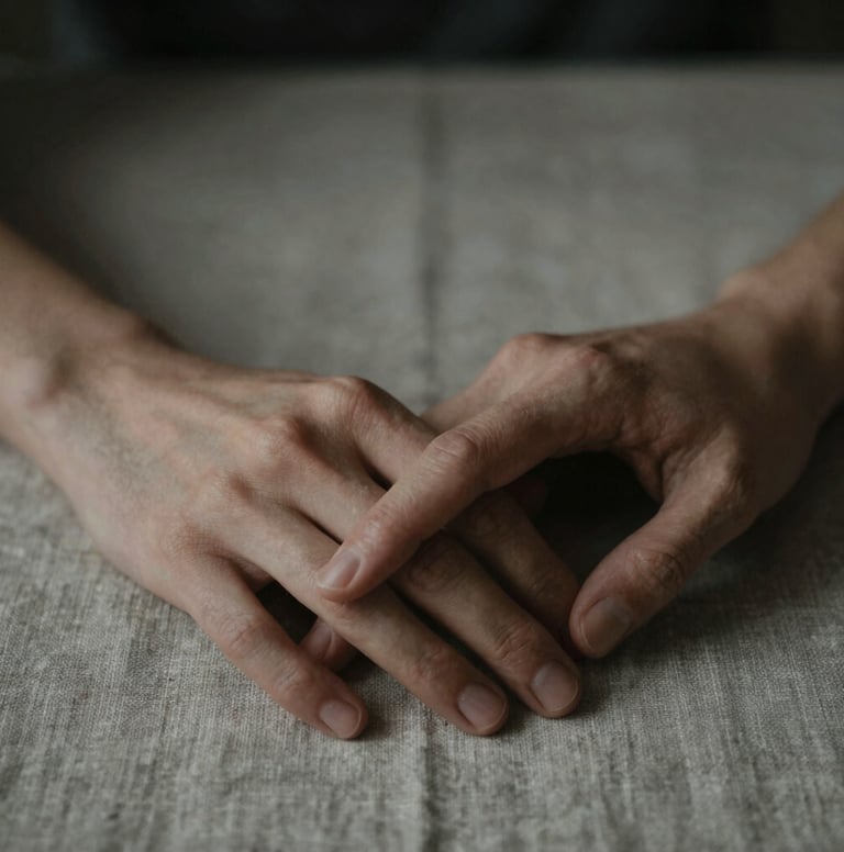 An artistic close-up shot focusing on the emotional depth of two hands barely touching on a rustic linen surface. The style is moody and sophisticated, using the palette colors #6F604F and #262626. The lighting is low-key, emphasizing texture and a feeling of connection.