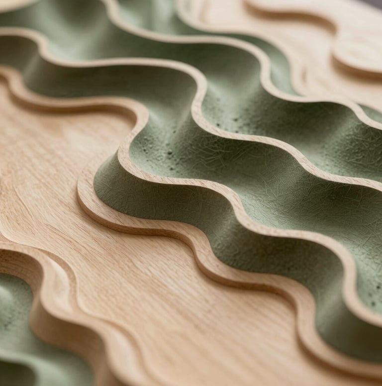 An abstract, high-angle photograph of a topographic model carved from warm beige wood. The shadows are deep olive green, highlighting the complex layers of the landscape. The aesthetic is clean, academic, and highly detailed.