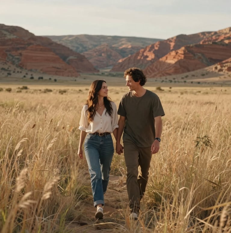 A candid photography shot of a couple walking through a field of tall grass in a North American / US valley. The lighting is cinematic and golden, with a palette of soft sand and muted terracotta. The mood is professional yet approachable, highlighting a real-world romantic moment.