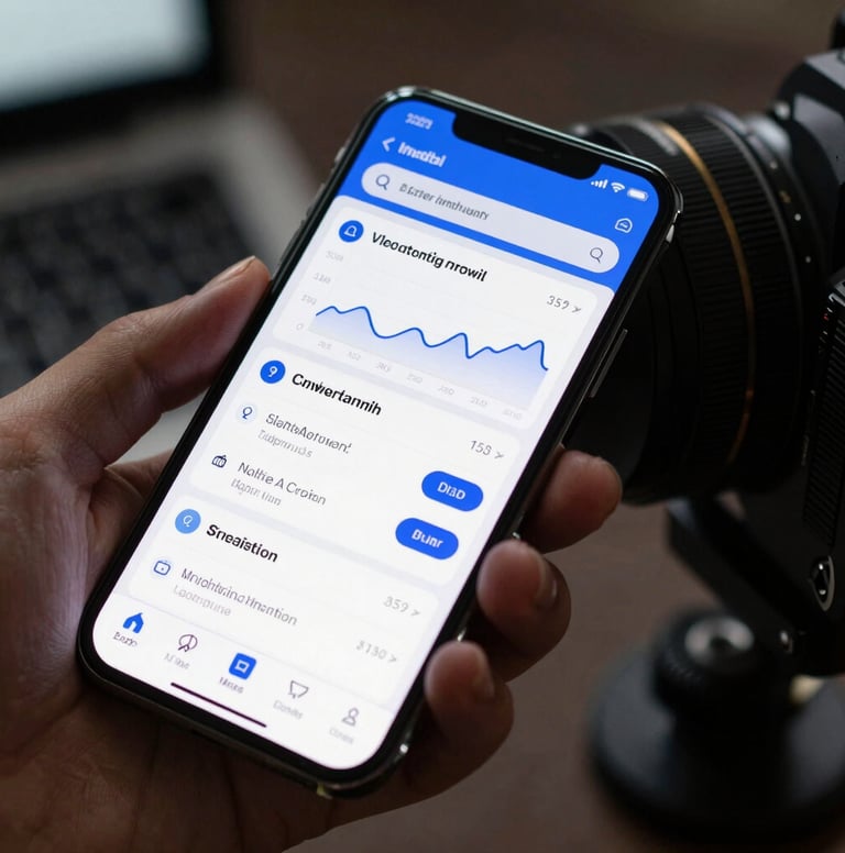 Macro photography of a high-resolution smartphone screen held by a professional in a North American / US studio, showcasing a sophisticated financial app dashboard with royal blue accents.
