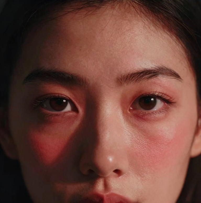 Extreme close-up of a subject's face, focus on the eyes, vibrant red lighting casting artistic shadows, deep black background, cinematic style, North American model.