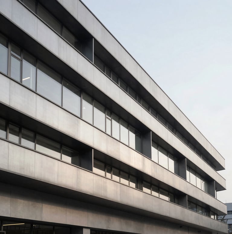 A wide perspective shot of the contemporary facade of Academia Acto. Sharp architectural lines made of pale silver gray materials and deep charcoal metal frames. Editorial style, clean composition against a neutral sky.
