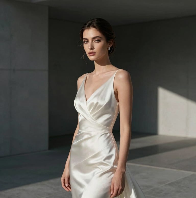 Stunning portrait of a bride in a high-fashion pose within a minimalist architectural setting in Spain. Hard shadows, soft light on the face, elegant silk textures, dark grey and slate grey palette.