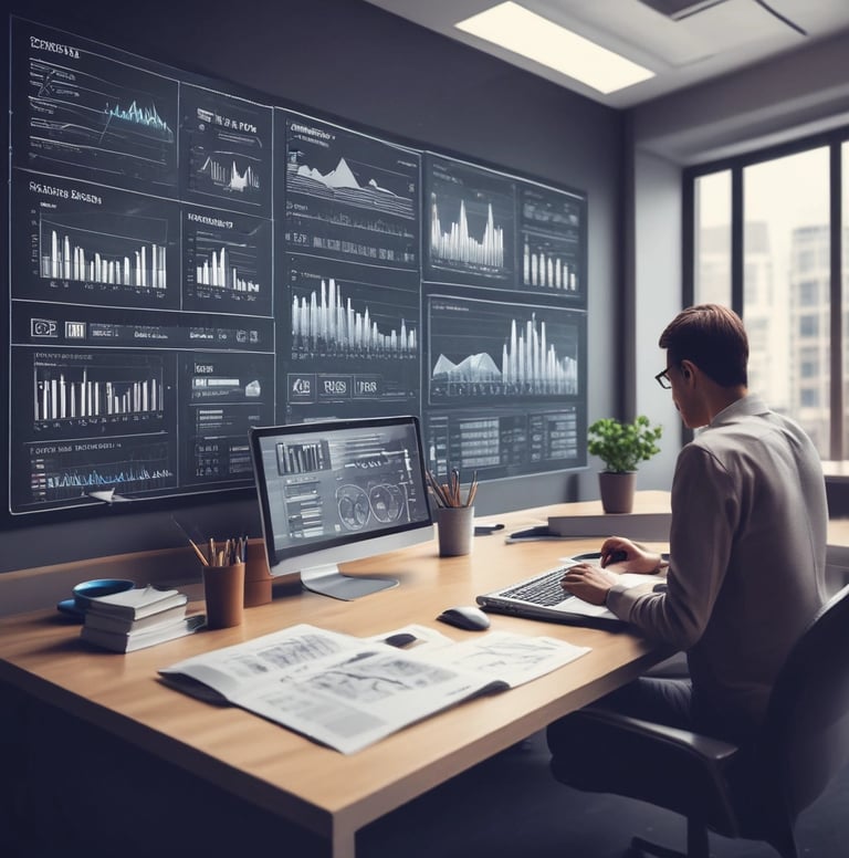 Modern office workspace with data analytics dashboard on screen and a professional reviewing charts