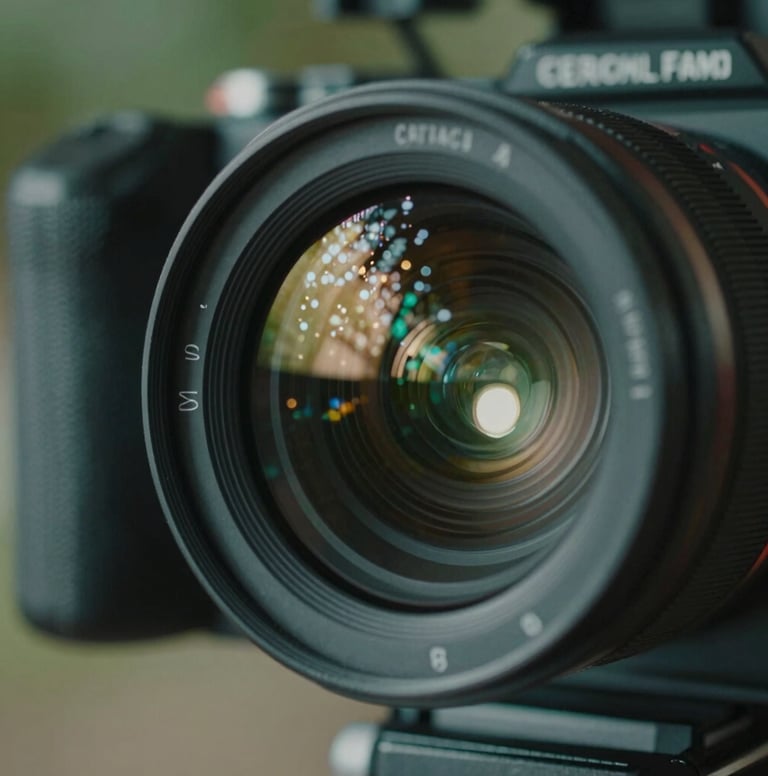 A close-up, artistic shot of a professional film camera lens reflecting the lights of a South American / Brazilian film set. The color palette features deep sea green shadows and sharp pearl white highlights, conveying a sense of high-end cinematic production.
