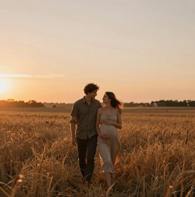 A wide-angle cinematic shot of a couple walking through a golden field at sunset. The mother-to-be is gently holding her bump while the partner has an arm around her. The image is warm and authentic, featuring deep Terracotta (#C0766B) and Brownish-Red (#8C4E40) tones in the landscape and shadows.