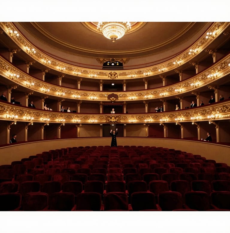 A wide-angle shot of a grand opera house interior during a standing ovation. The warm gold of the balconies contrasts with the #2B2D42 velvet seats. In the distance, a small figure of Maylin Cruz is visible taking a bow. The style is classic and atmospheric.
