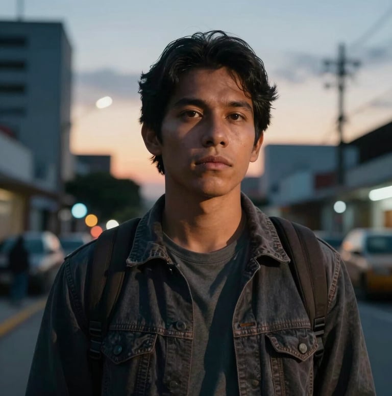 A high-quality video thumbnail showing a dramatic portrait of a person in a South American urban setting at dusk, cinematic backlight, vibrant yet professional color grading.