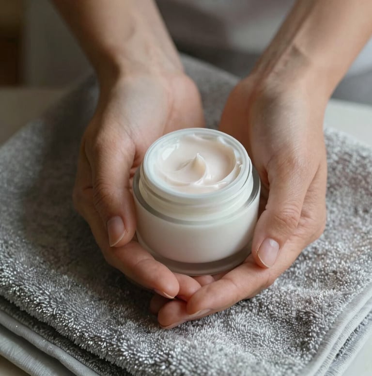 Close-up of hands with natural nails holding a cream jar, surrounded by silver sage towels. Soft, intimate lighting with a personal, warm aesthetic.