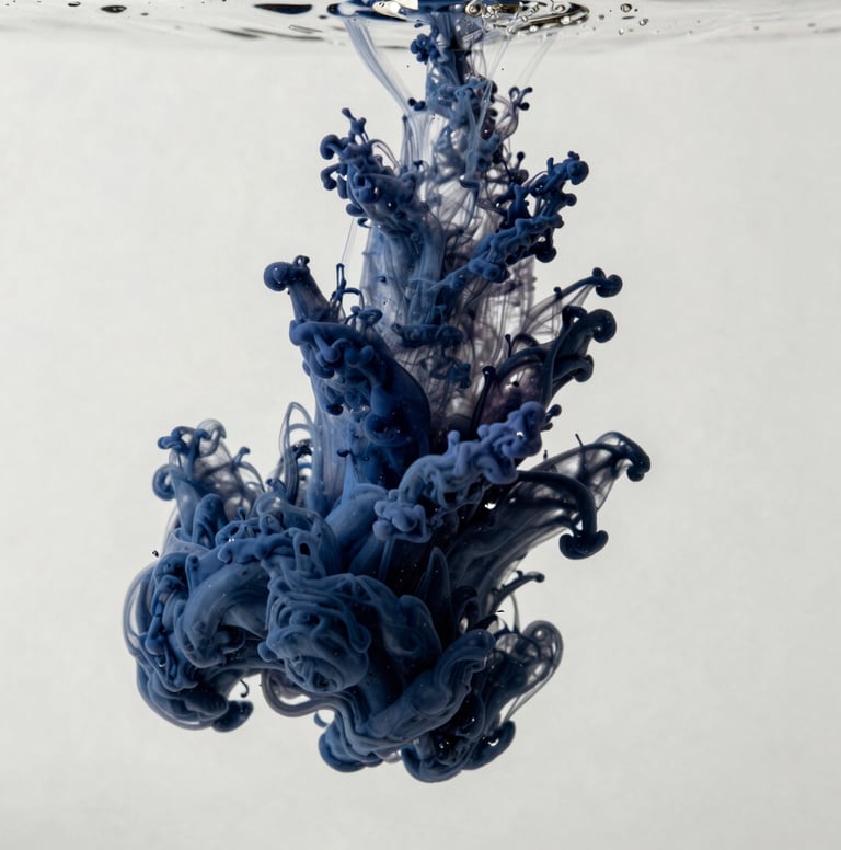 Macro photography of deep navy ink interacting with water on a textured off-white surface. The ink forms complex, fractallike patterns that look like both a neural network and a flowing river, captured with sharp focus and professional lighting.