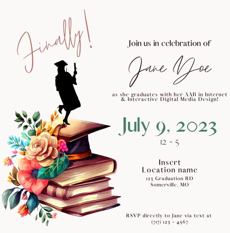 Graduation party invitation featuring a stack of books, floral bouquet, and graduate silhouette.