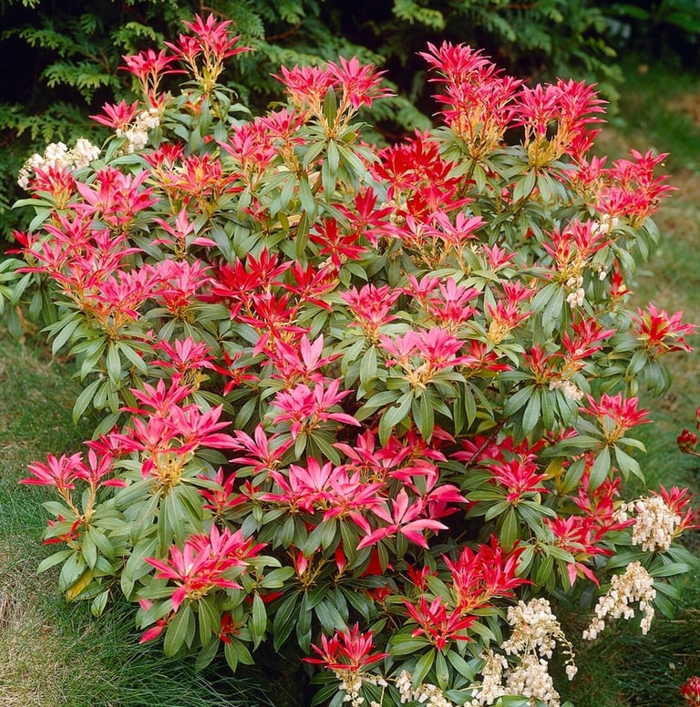 Japanese Pieris bush with beautifu red and green leaves